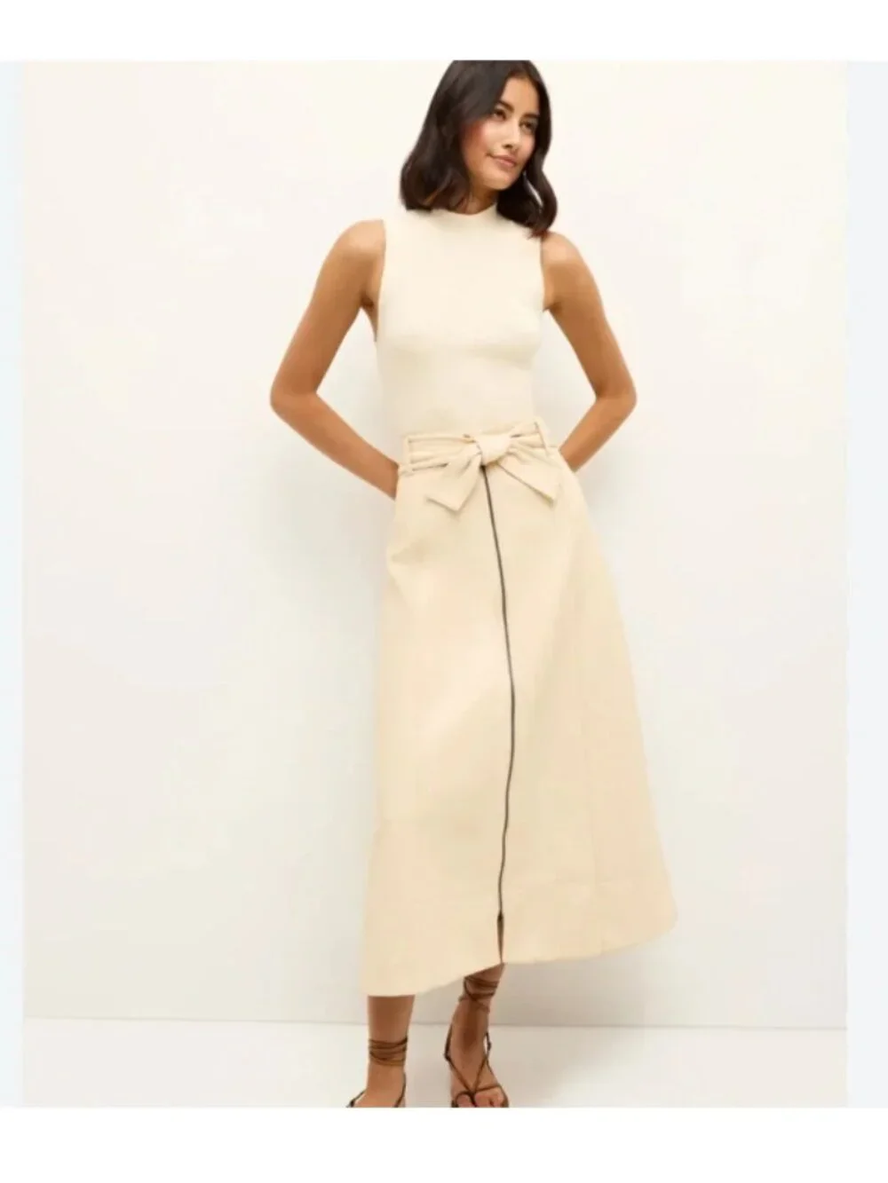Marie Oliver Cream Tie-Waist Faux Leather Midi Skirt with Front Zip Size 4